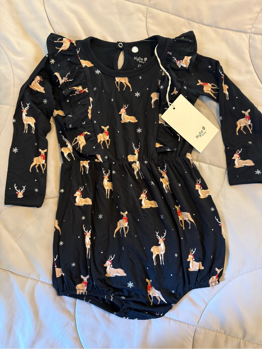 Kyte BABY Black Reindeer Print Long-Sleeve One-Piece